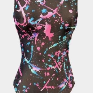 Foxy's brand Leotard - VIVID Paint Splatter Leotard, Adult Small (AS) Open-Back